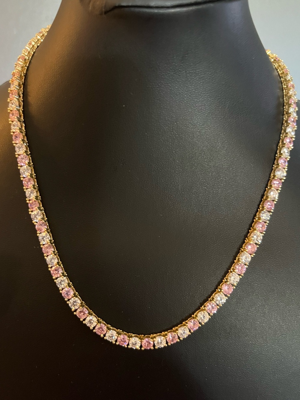 Gold Tennis Choker Necklace with Pink and White Moissanite Stones 15”